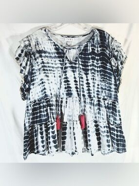 THML Boho Inspired Tie Dye Top With A Tiered Look And Ruffled Short Sleeves